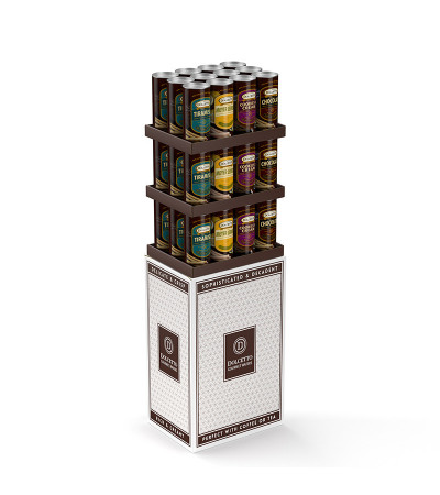 Dolcetto Asst 12oz Canisters Shipper: Choc/Lem/Tiram/Cook-Crm/Green/Coffee 36 ct