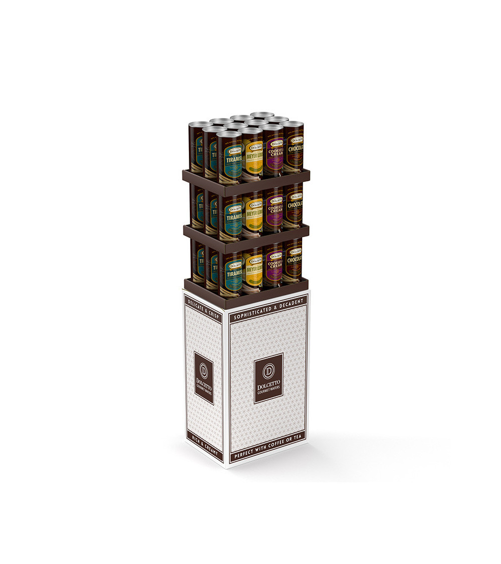 Dolcetto Asst 12oz Canisters Shipper: Choc/Lem/Tiram/Cook-Crm/Green/Coffee 36 ct